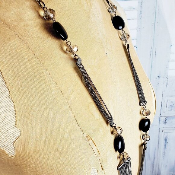 Long Hematite Chain Glass Crystal & Bead Necklace - Picture 3 of 4